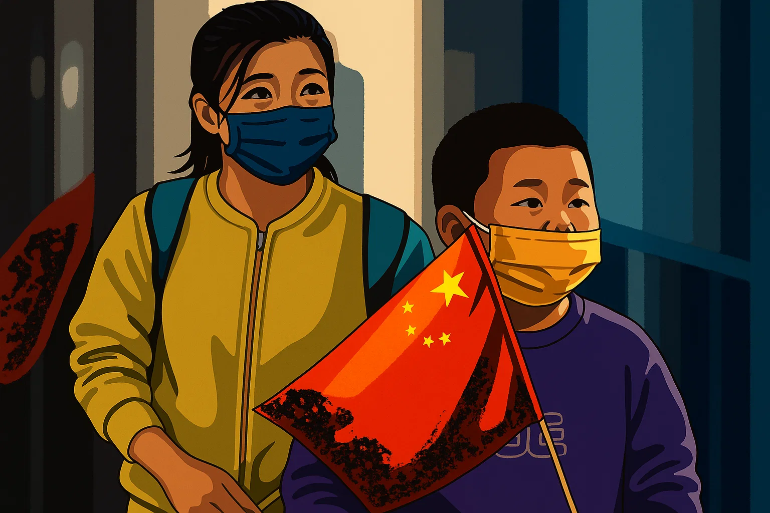 Ilustrasi - Seorang anak laki-laki yang mengenakan masker membawa bendera Tiongkok saat dia berjalan di sepanjang jalan perbelanjaan pejalan kaki di Beijing pada 6 Oktober 2022.