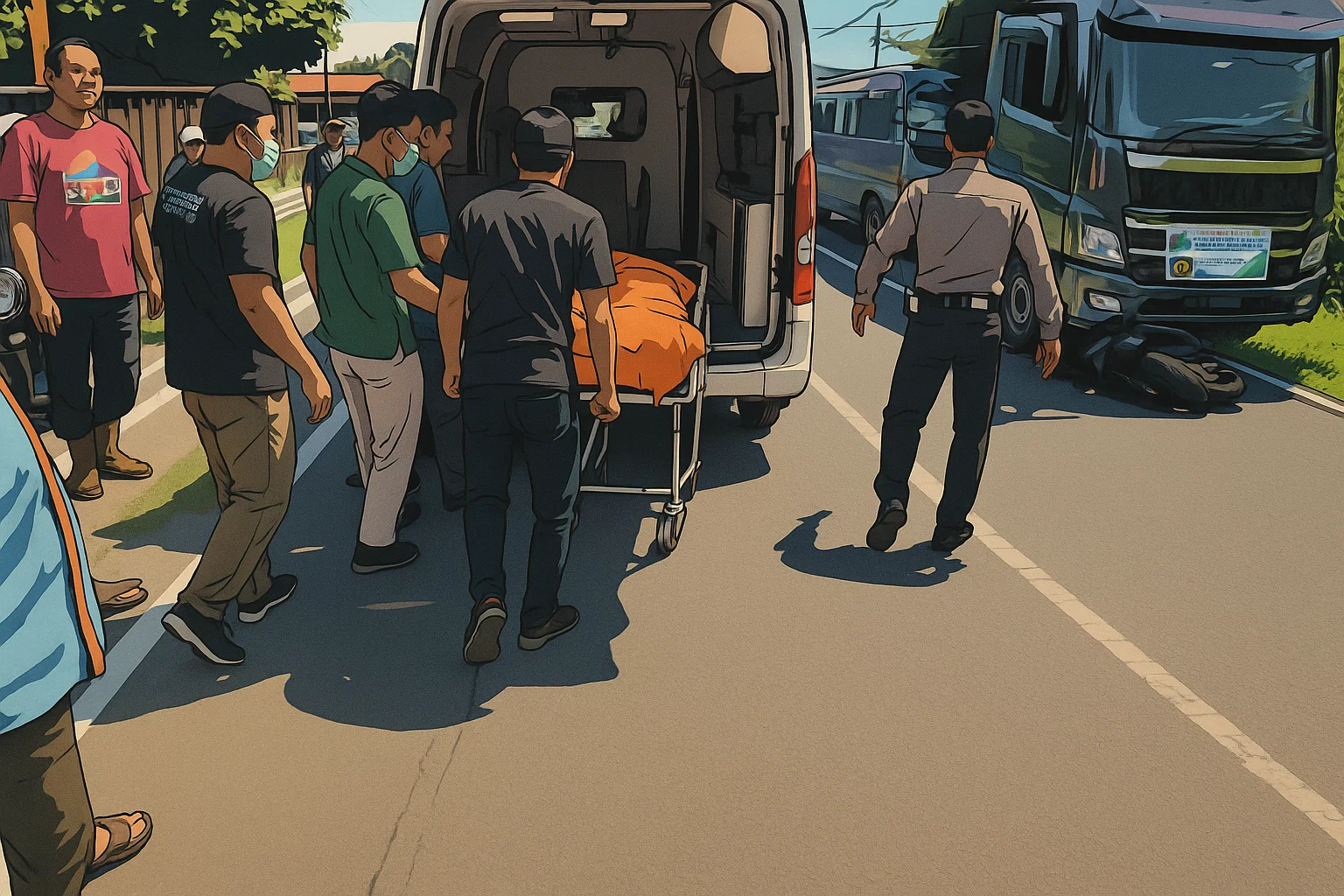 Ilustrasi -Korban meninggal dunia dalam kecelakaan di Jalan Parangtritis, Bantul, DIY, dimasukkan dalam ambulans, Kamis 29 Mei 2025.