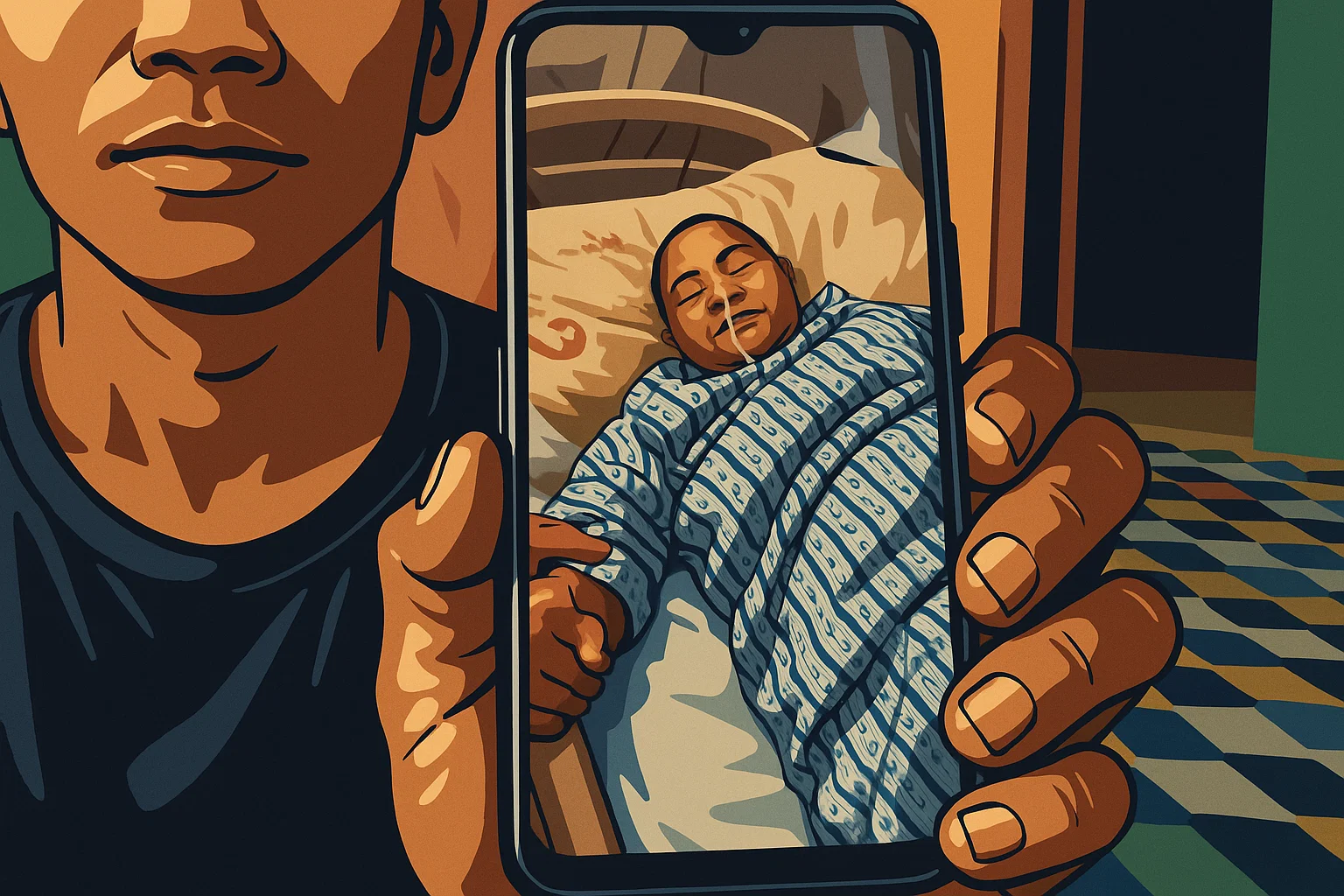 Ilustrasi - Mujahid menunjukkan kondisi istrinya Marini saat di rawat di Rumah Sakit Taiwan dalam layar hand phone.
