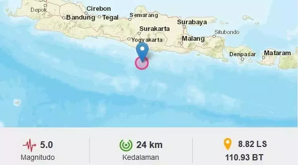 Image Credit BMKG - Gempa bumi dengan magnitudo 5,0 mengguncang Pacitan, Jawa Timur, Selasa, 7 Mei 2024.
