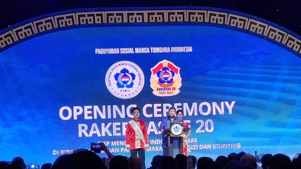 Image Credit Maria Gabrielle Putrinda/Beritasatu - Wakil Ketua Dewan Pembina Partai Gerindra Hashim Djojohadikusumo dalam sambutan opening ceremony rakernas ke-20 PSMTI di kawasan Pondok Indah, Jakarta Selatan, Sabtu, 28 September 2024.