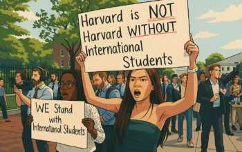 Ilustrasi - Mahasiswa Harvard yang akan lulus, Victor Flores, bersama mahasiswa lainnya menggelar aksi mendukung mahasiswa internasional dalam unjuk rasa Harvard Students for Freedom di kampus Universitas Harvard, Boston, Massachusetts, pada 27 Mei 2025.