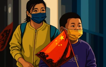Ilustrasi - Seorang anak laki-laki yang mengenakan masker membawa bendera Tiongkok saat dia berjalan di sepanjang jalan perbelanjaan pejalan kaki di Beijing pada 6 Oktober 2022.