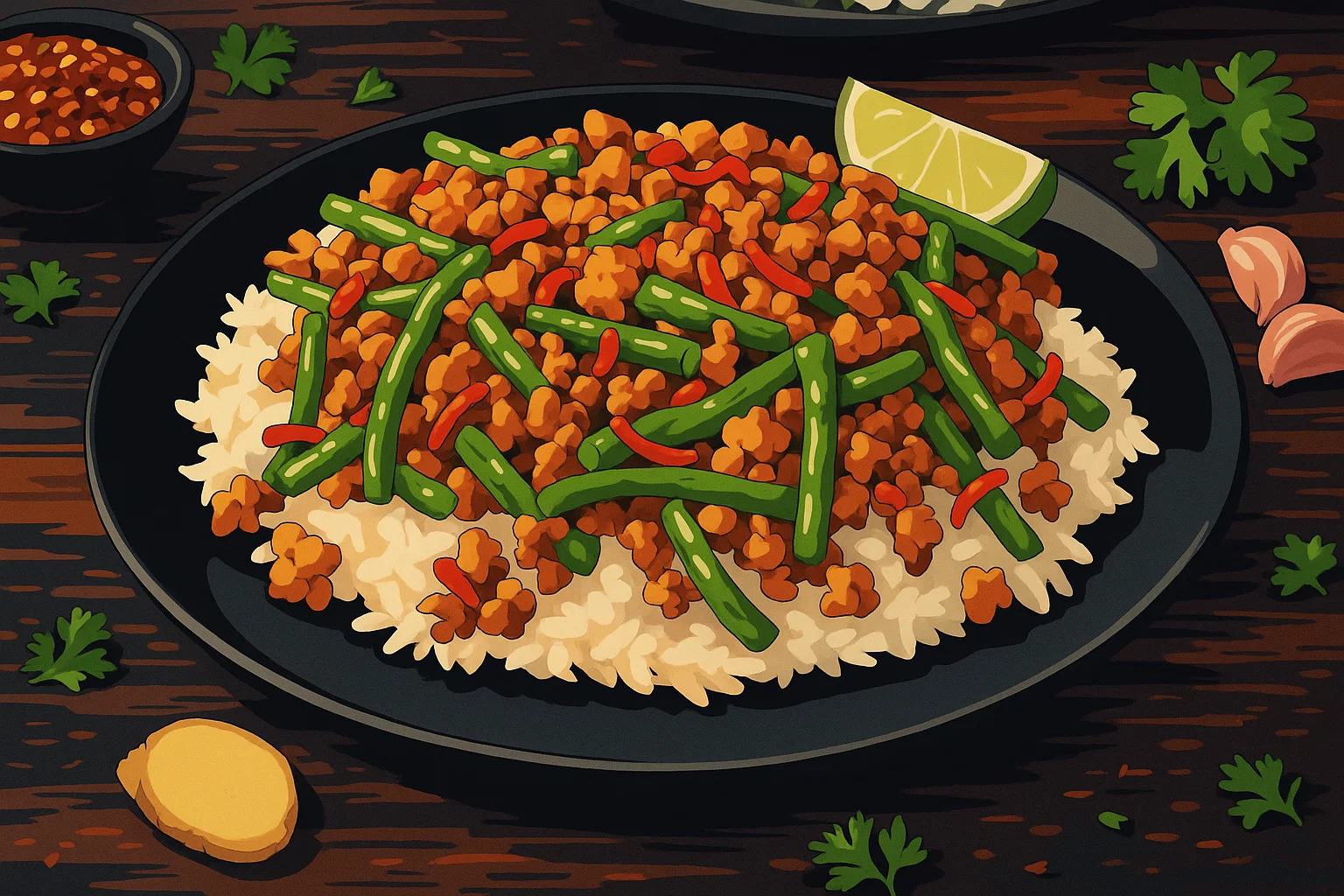 ilustrasi buncis daging cincang.