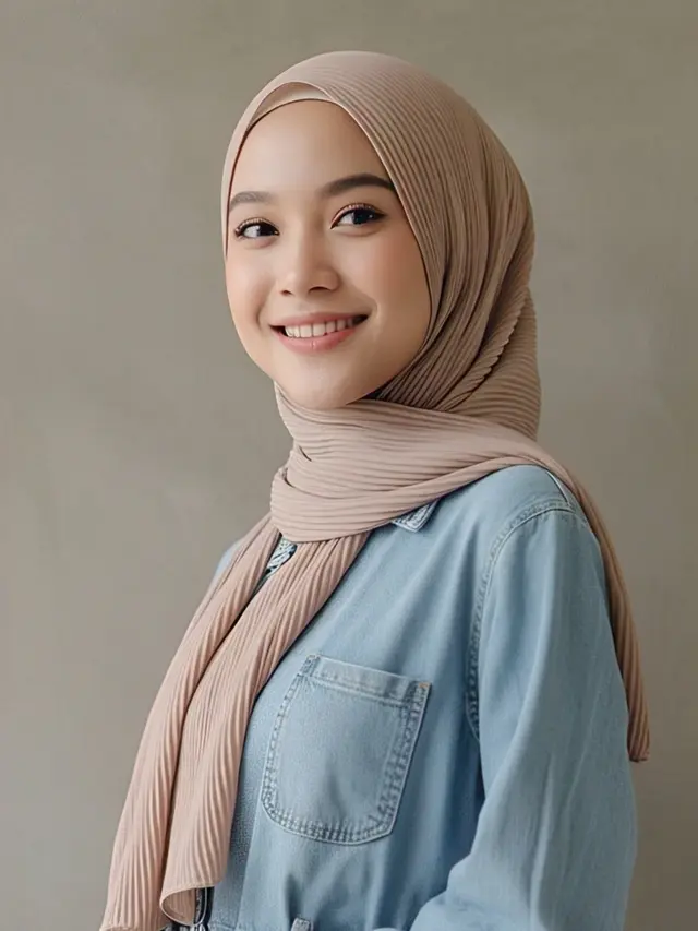 1012367400 1748003308 Gamis Denim A Line dengan Hijab Pashmina Plisket