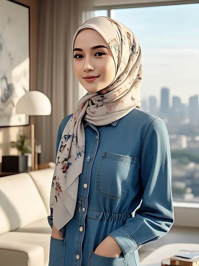 2028935500 1748003308 Gamis Denim Kancing Depan dengan Hijab Segi Empat Motif