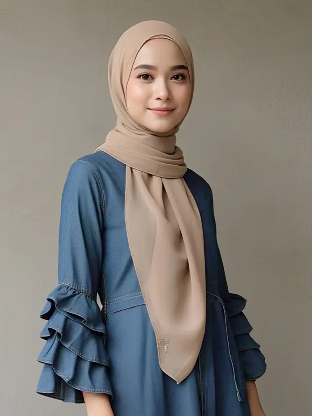 5044644200 1748003308 Gamis Denim Ruffle dengan Hijab Voal Polos