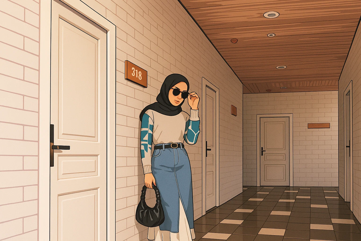 Ilustrasi - Outfit ke Mall Rok Denim Panjang dengan Sweater untuk Look Trendy.