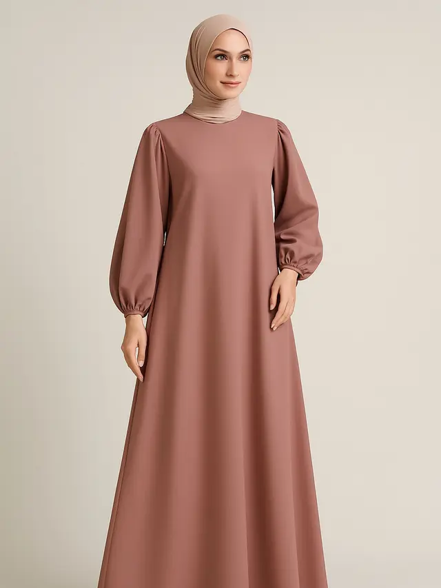 2089673100 1745037450 Model Gamis dengan Line A dan lengan Puff
