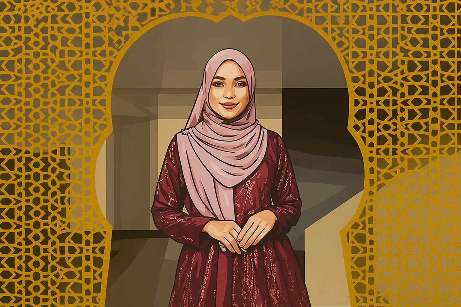 Ilustrasi - Muslimah memakai gamis merah marun dengan jilbab pink.