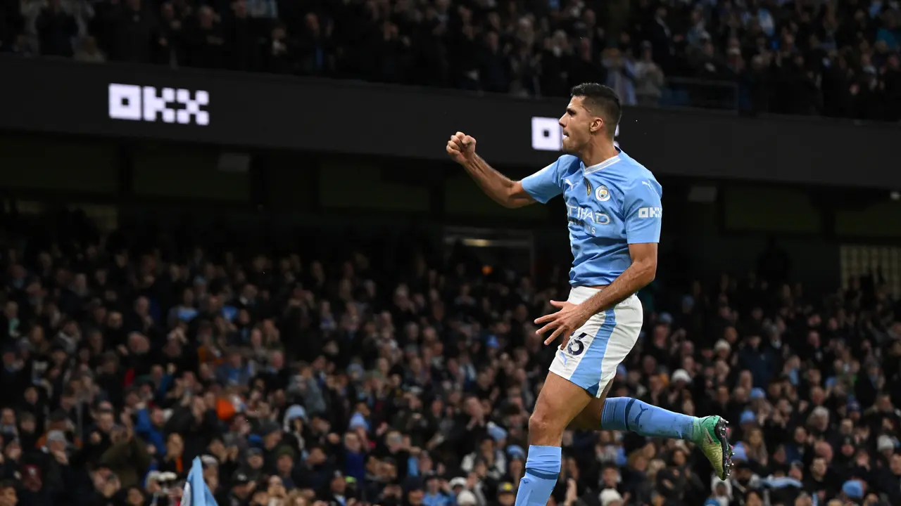 Image Credit Darren Staples/AP - Gelandang Manchester City Rodri berselebrasi setelah mencetak gol pertama timnya dalam pertandingan pekan ke-25 Liga Inggris 2023/2024 antara Manchester City vs Chelsea di Stadion Etihad pada Minggu (18/2/2024) dini hari WIB.