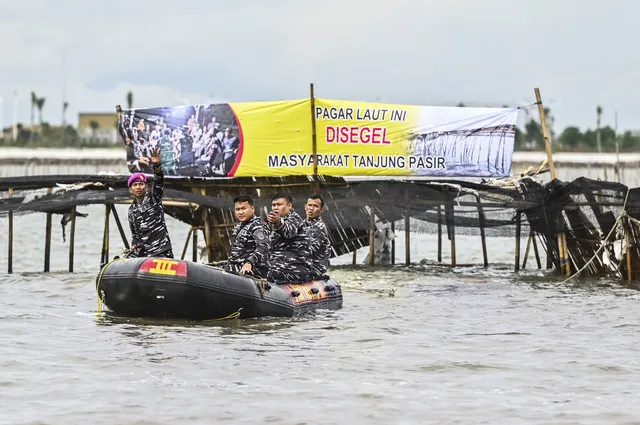 Image Credit Rivan Awal Lingga/Antara - Personel TNI AL membongkar pagar laut yang terpasang di kawasan pesisir Tanjung Pasir, Kabupaten Tangerang, Banten, Sabtu (18/1/2025).