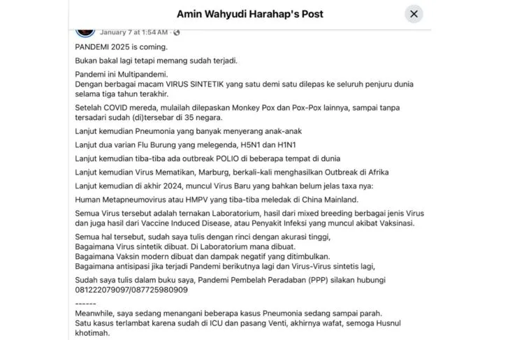 Image Credit SS/Facebook - Unggahan yang menyatakan HMPV merupakan virus buatan laboratorium dan akan jadi pandemi selanjutnya. Faktanya, belum ada penelitian yang menarasikan HMPV akan menjadi pandemi.