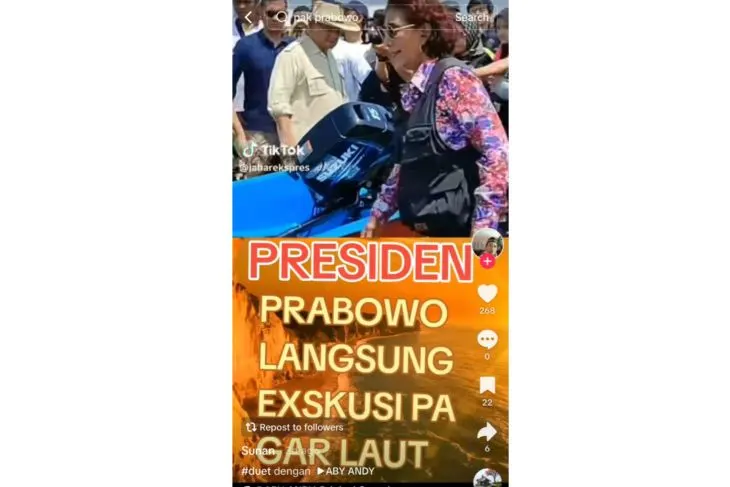 Image Credit SS/Tiktok - Unggahan vidoe yang menarasikan Presiden Prabowo eksekusi langsung ke lapangan kasus pagar laut. Faktanya, video tersebut merupakan video tahun 2023 yang diunggah ulang.