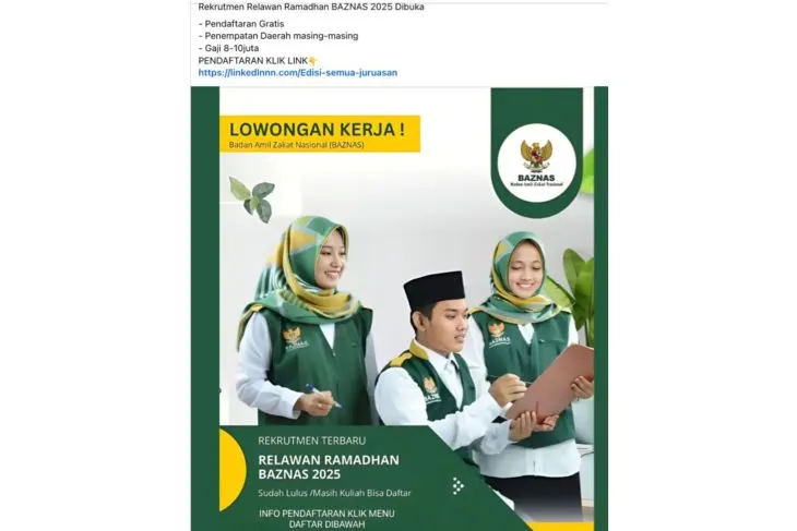 Unggahan yang menarasikan tautan penipuan relawan Ramadhan BAZNAS 2025. Faktanya, BAZNAS dalam akun Instagram resminya menyatakan informasi yang beredar merupakan hoaks. (Facebook)