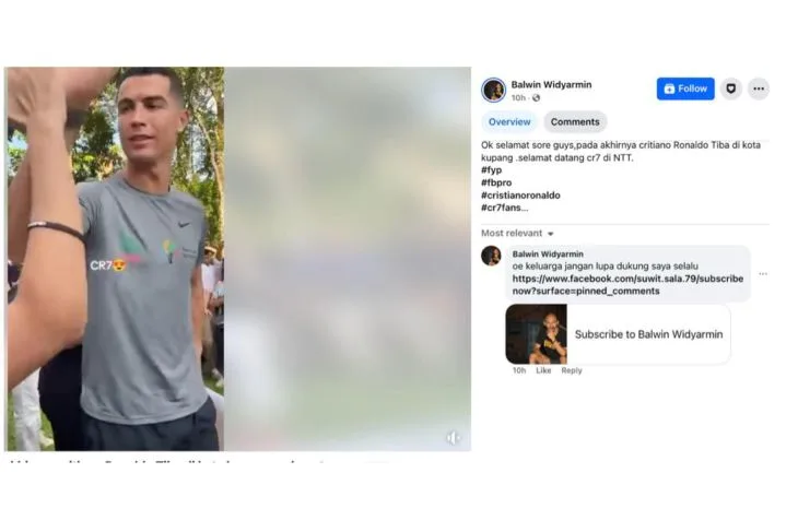 Unggahan yang menarasikan video Cristiano Ronaldo di acara kemanusiaan NTT pada 19 Februari. Faktanya, video tersebut diambil di Singapura pada 2023 lalu. (Facebook)