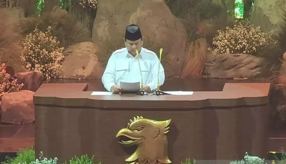 Image Credit Livia Kristianti/Antara - Ketua Umum Partai Gerindra sekaligus Presiden RI Prabowo Subianto saat berpidato dalam peringatan HUT ke-17 Gerindra di Bogor, Jawa Barat, Sabtu (15/2/2025).