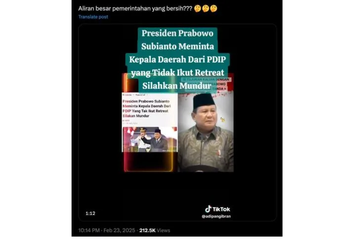 Unggahan yang menarasikan Prabowo minta kader PDIP yang tidak ikut retret untuk mundur dari jabatannya. Faktanya, video dalam unggahan tersebut saat Harlah Ke-102 NU, Rabu (5/2/2025) menyatakan dirinya tidak segan menindak anak buahnya yang tidak bekerja serius. (X)