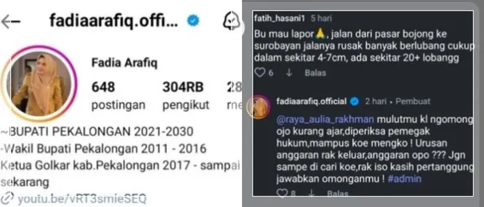 Image Credit Instagram/@fadiaarafiq.official - Akun Instagram resmi Bupati Pekalongan, Fadia Arafia.