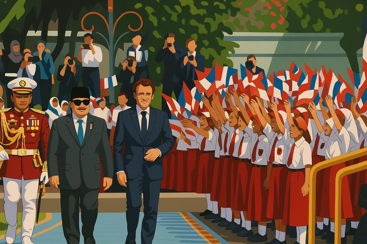 Ilustrasi - Presiden Prabowo Subianto dan Prancis Emmanuel Macron berjalan di halaman Istana Merdeka, Jakarta, Rabu (28/5/2025).