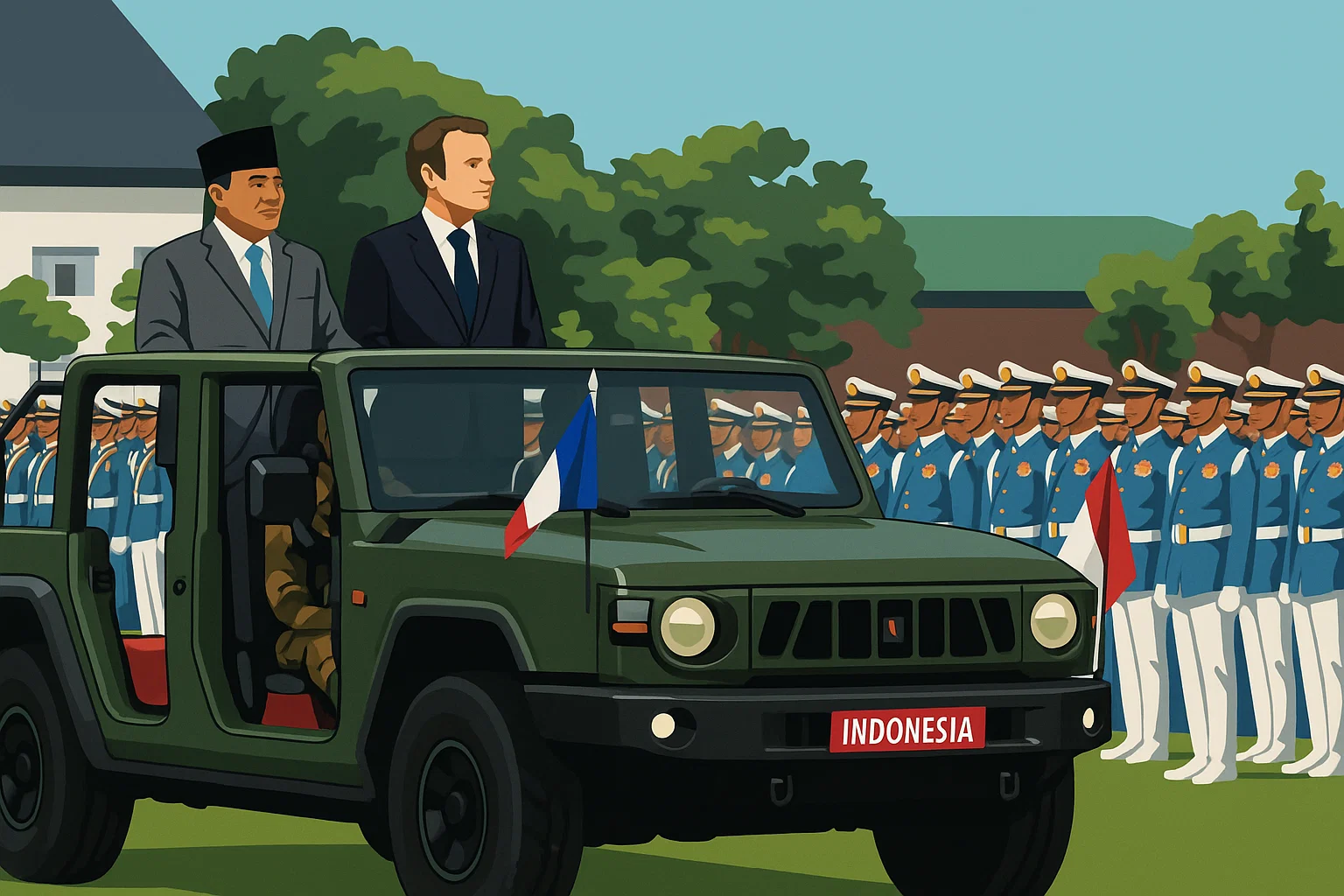 Ilustrasi - Presiden Prabowo Subianto (kiri) dan Presiden Prancis Emmanuel Macron menaiki kendaraan taktis Maung mengecek pasukan di Akademi Militer (Akmil) Magelang, Jawa Tengah, Kamis 29 Mei 2025.