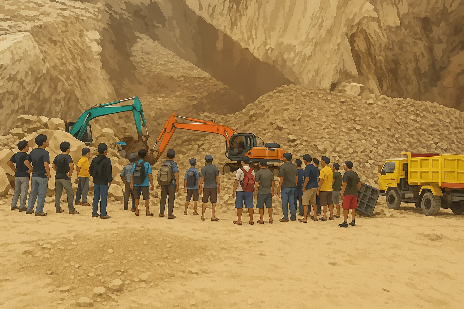 Ilustrasi - Suasana longsor di kawasan tambang batu alam Gunung Kuda Kabupaten Cirebon menewaskan puluhan pekerja hingga menimbun alat berat.