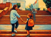 Ilustrasi - hari pertama di sekolah, orang tua mengantar anak ke sekolah.