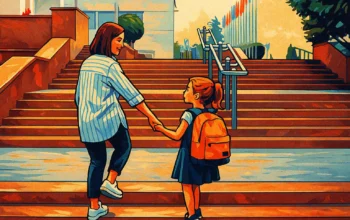 Ilustrasi - hari pertama di sekolah, orang tua mengantar anak ke sekolah.