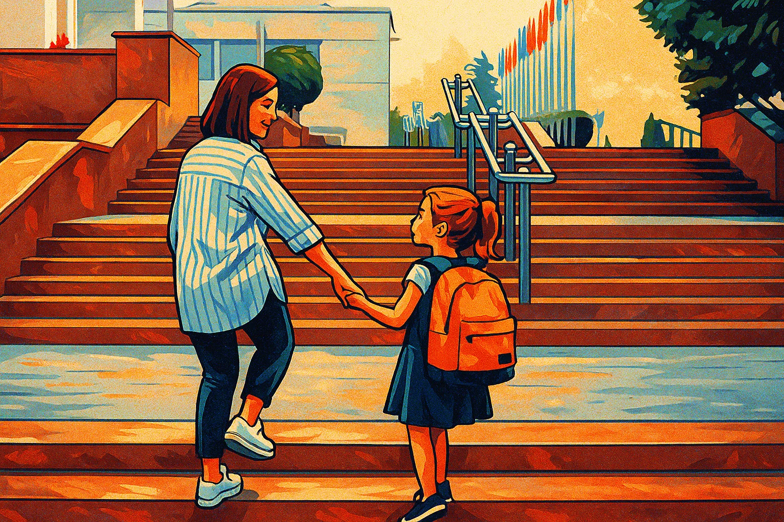 Ilustrasi - hari pertama di sekolah, orang tua mengantar anak ke sekolah.