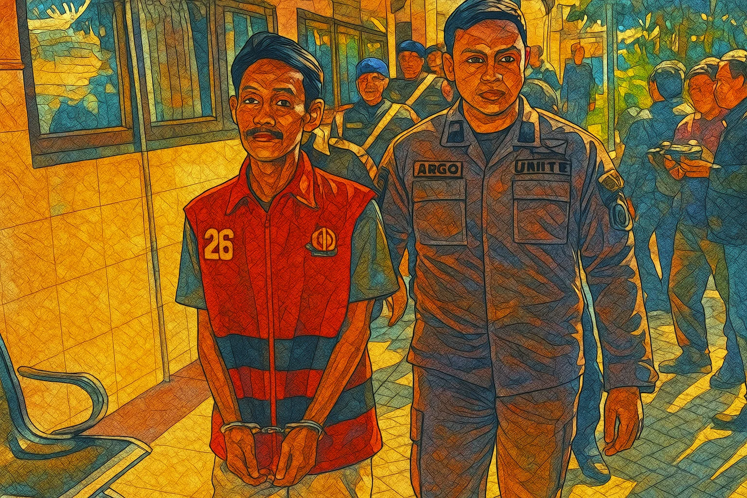 Ilustrasi - Yusak Cahyo Utomo (pakai rompi tahanan), terdakwa pembunuh satu keluarga digiring petugas di PN Kediri, Kamis (3/7/2025).