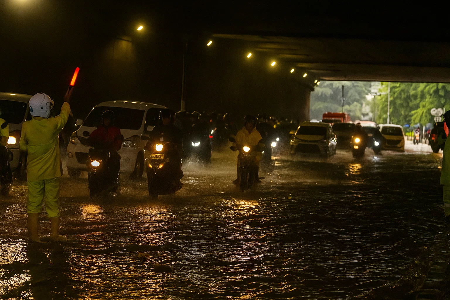 Pengendara sepeda motor menerjang banjir yang merendam terowongan di Cawang, Jakarta, Jumat (19/2/2021). Hujan yang turun sejak semalam membuat sejumlah jalanan di Ibu Kota tergenang banjir dengan ketinggian sekitar 30-50 cm.
