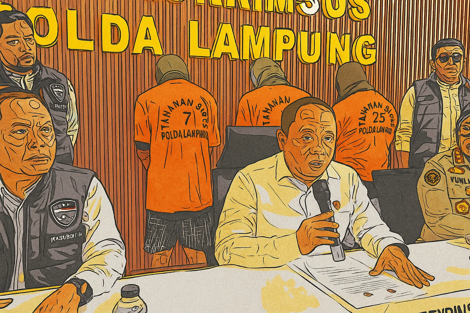 Ilustrasi - Konferensi pers terkait penangkapan tiga tersangka grup Facebook Gay Lampung dan Gay Bandar Lampung di Mapolda Lampung, Senin (7/7/2025). (Beritasatu/Triyono).