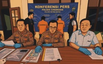 Ilustrasi - Kapolsek Cimanggis Kompol Jupriono, (tengah) mengungkapkan, sepasang suami istri (pasutri) muda ditangkap Polsek Cimanggis setelah ketahuan menipu dua konter penarikan tunai di kawasan Cisalak Pasar, Depok, menggunakan bukti transfer QRIS palsu. Aksi keduanya dilakukan sejak 29 Juni hingga 6 Juli 2025, dengan total kerugian korban mencapai Rp 15 juta.