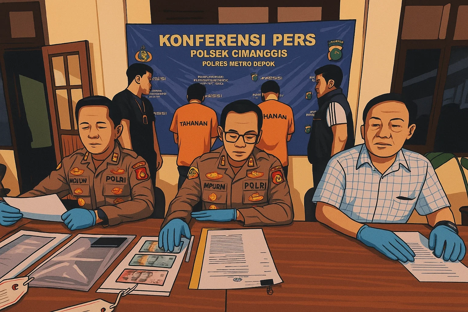 Ilustrasi - Kapolsek Cimanggis Kompol Jupriono, (tengah) mengungkapkan, sepasang suami istri (pasutri) muda ditangkap Polsek Cimanggis setelah ketahuan menipu dua konter penarikan tunai di kawasan Cisalak Pasar, Depok, menggunakan bukti transfer QRIS palsu. Aksi keduanya dilakukan sejak 29 Juni hingga 6 Juli 2025, dengan total kerugian korban mencapai Rp 15 juta.