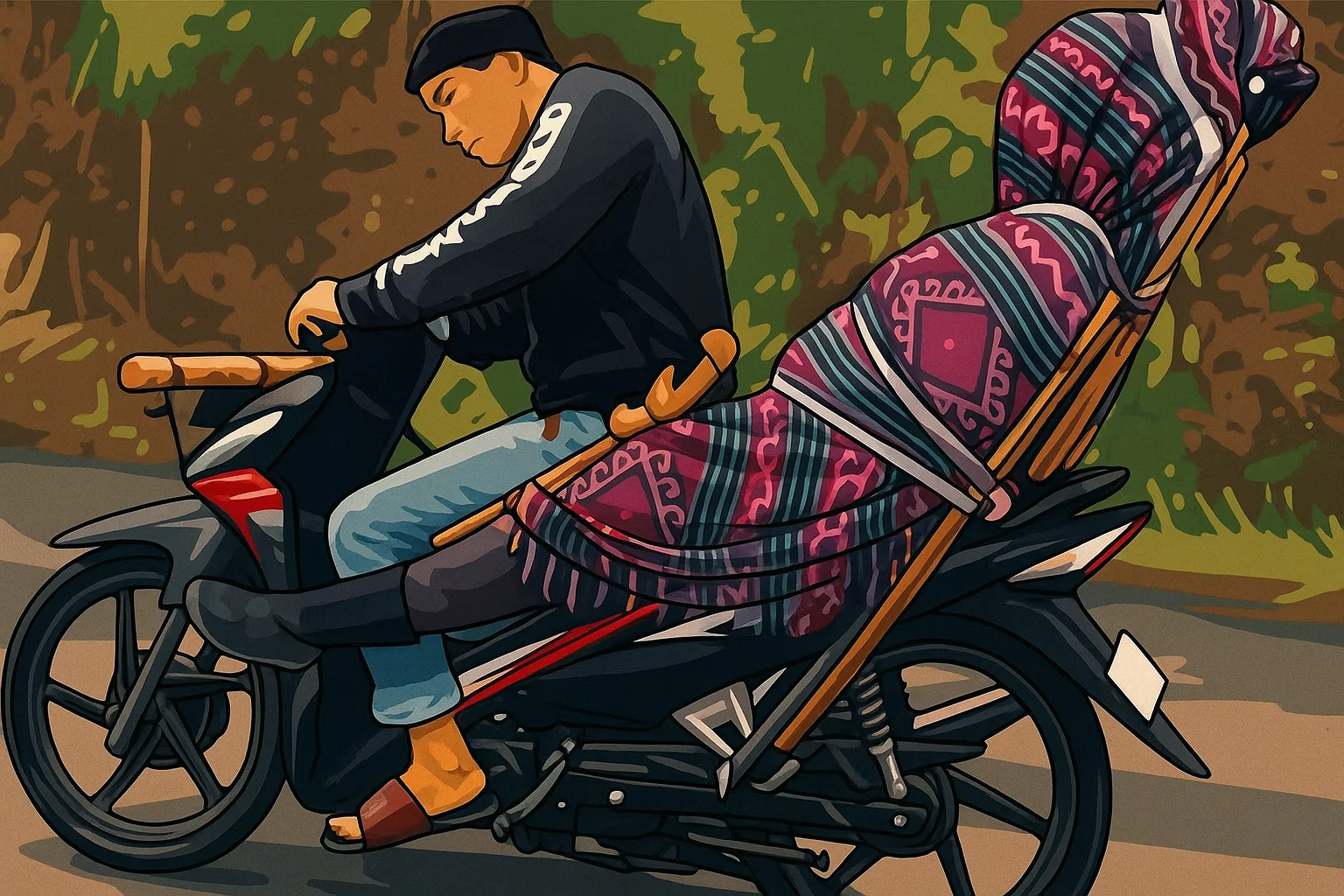Ilustrasi - Pria bonceng jenazah di Kecamatan Pinembani, Kabupaten Donggala, Sulawesi Tengah.