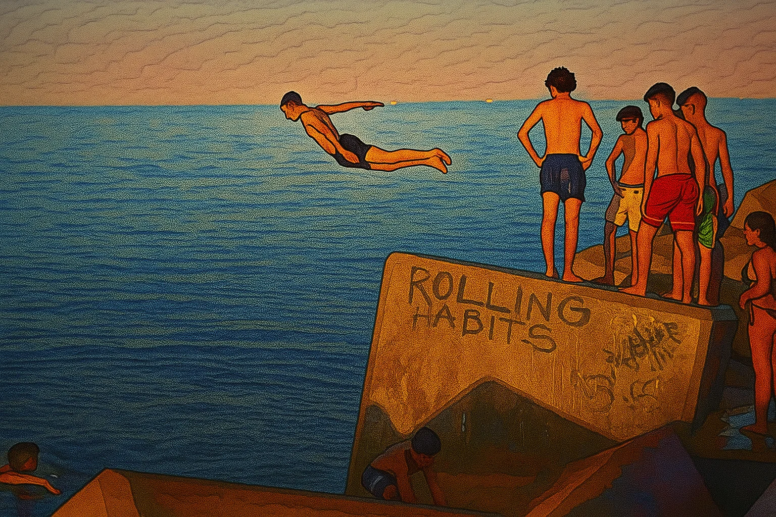 Ilustrasi - Sekelompok remaja melompat ke air dari atas batu pada hari yang panas di Barcelona, ??Spanyol, Minggu, 29 Juni 2025.