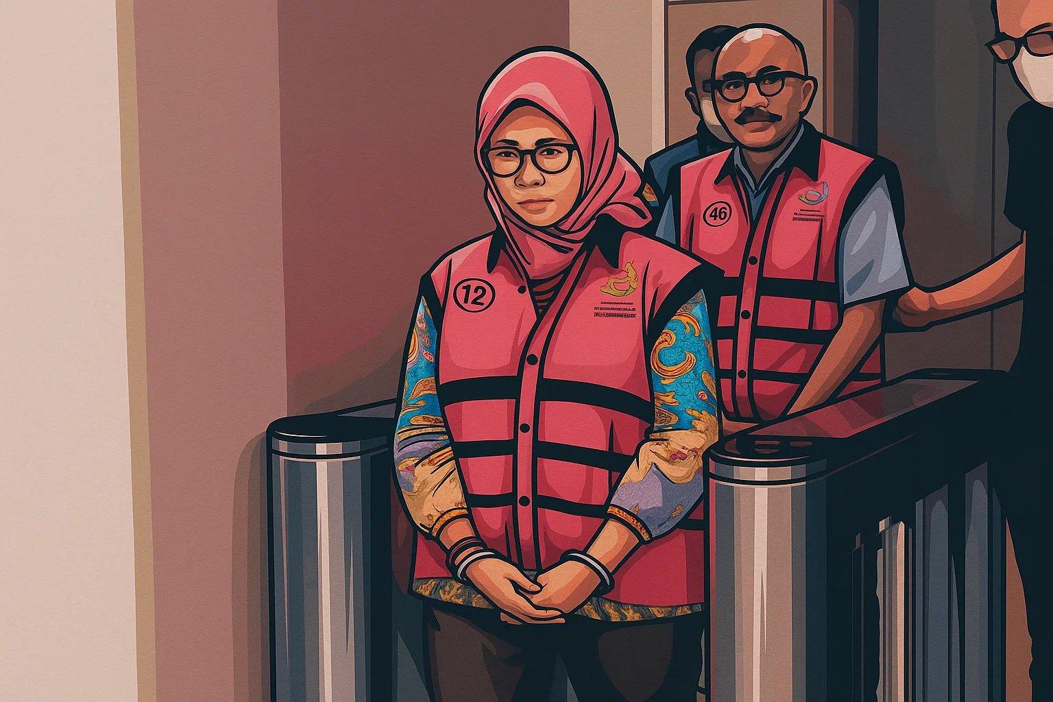 Ilustrasi - Tersangka kasus dugaan korupsi pengadaan laptop chromebook dikenakan rompi tahanan Kejagung setelah diperiksa, Selasa (16/7/2025).