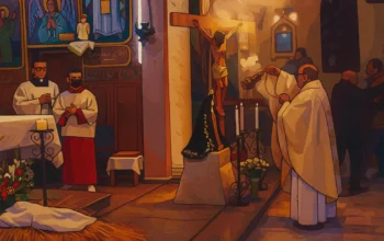 Ilustrasi - Pastor Gabriel Romanelli, pastor paroki Latin Jalur Gaza,berdoa dalam misa Malam Natal tengah malam di Gereja Katolik Keluarga Kudus Deir Al Latin di Kota Gaza.