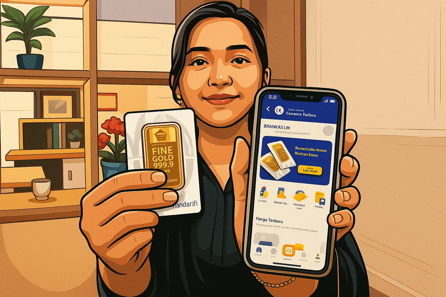 Ilustrasi - Petugas menunjukan aplikasi memesan emas Antam dan emas batangan Antam 50 gram di Butik Emas Logam Mulia Antam Jalan T.B Simatupang, Jakarta Selatan,