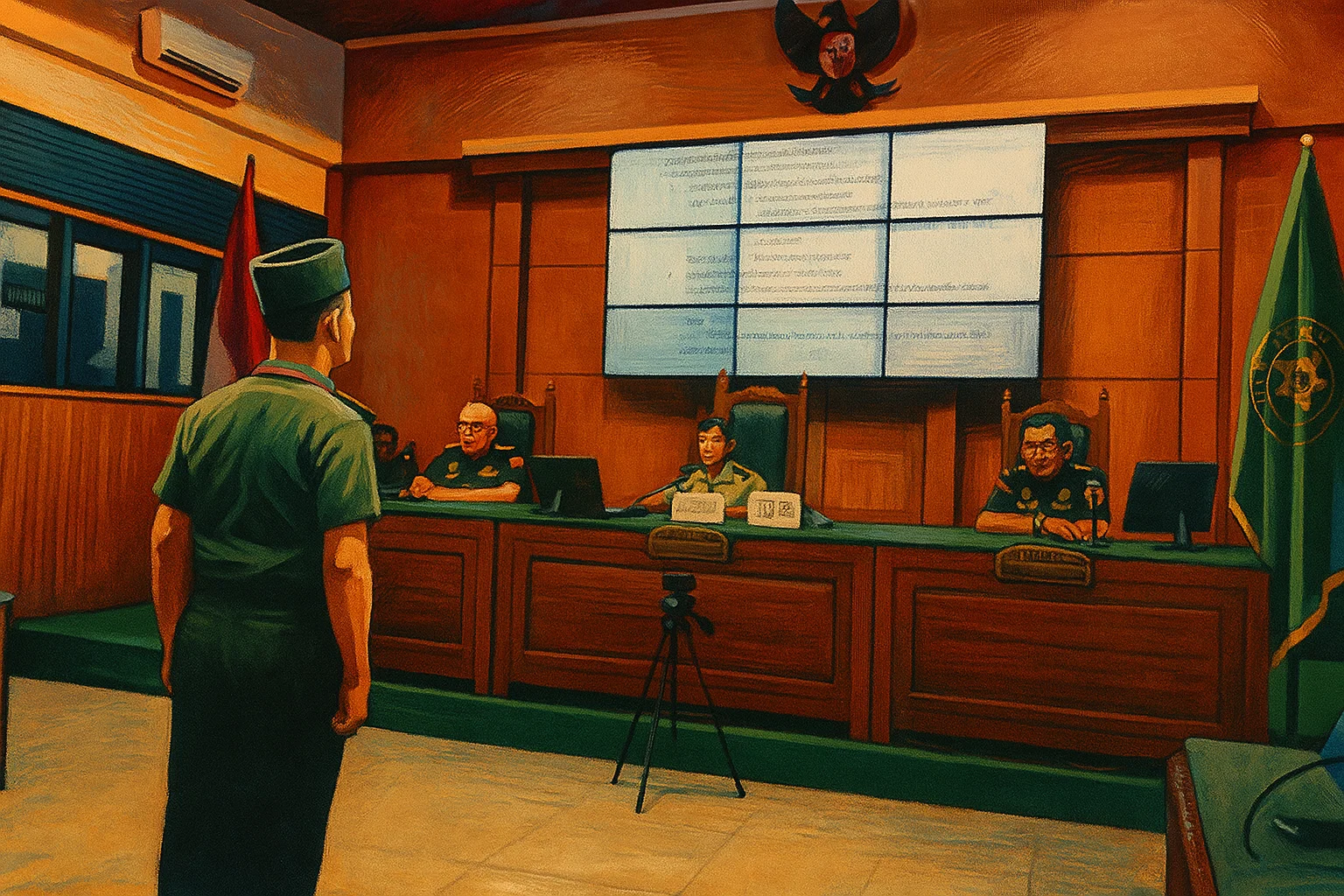 Ilustrasi - Peltu Yun Herry Lubis berdiri mendengar putusan vonis majelis hakim di Pengadilan Militer I-04 Palembang, Senin (11/8/2025).